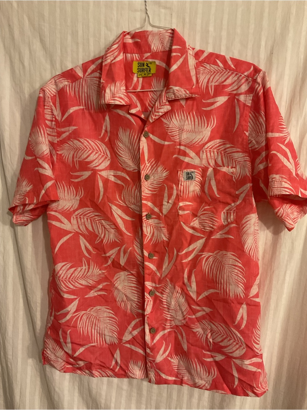 Sun Surfer Sz.M.Men's Coral Tropical Short Sleeve Shirt Palm Leafs